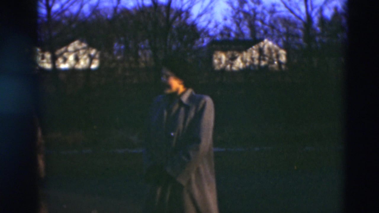 Woman in a long coat stands alone in a dim yard at dusk.