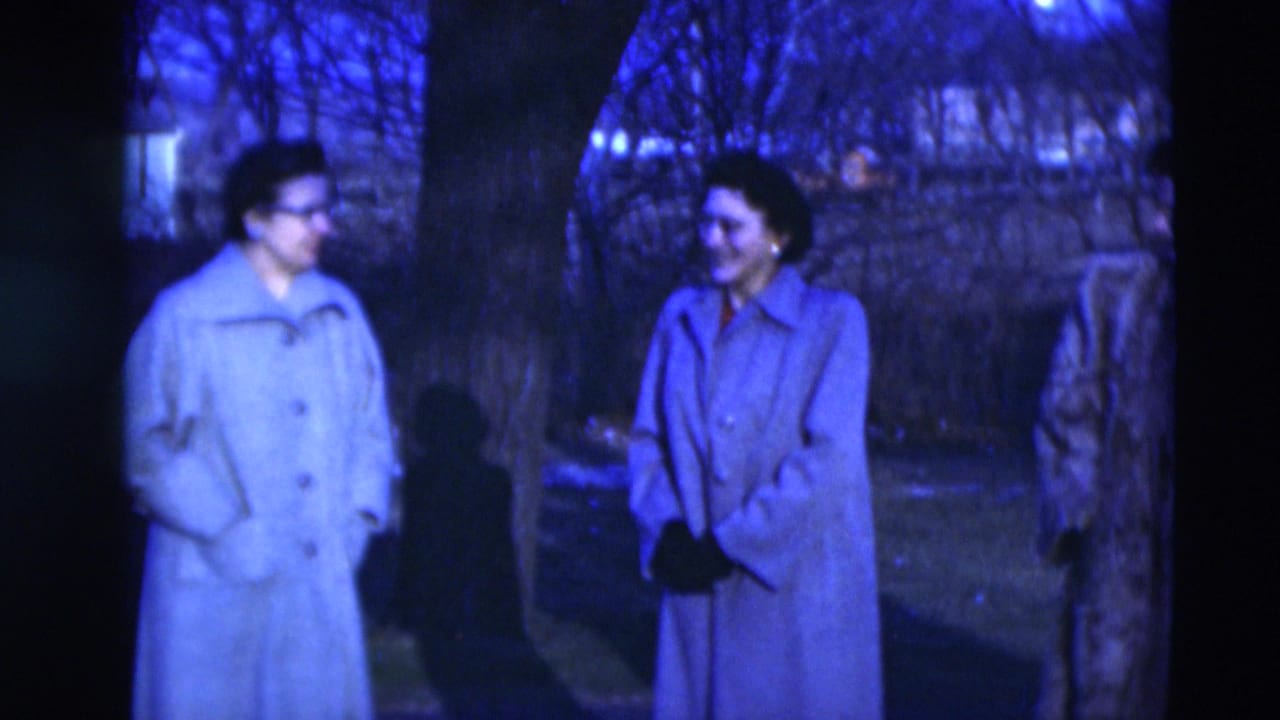 Two adults in long coats stand outdoors near bare trees at dusk.
