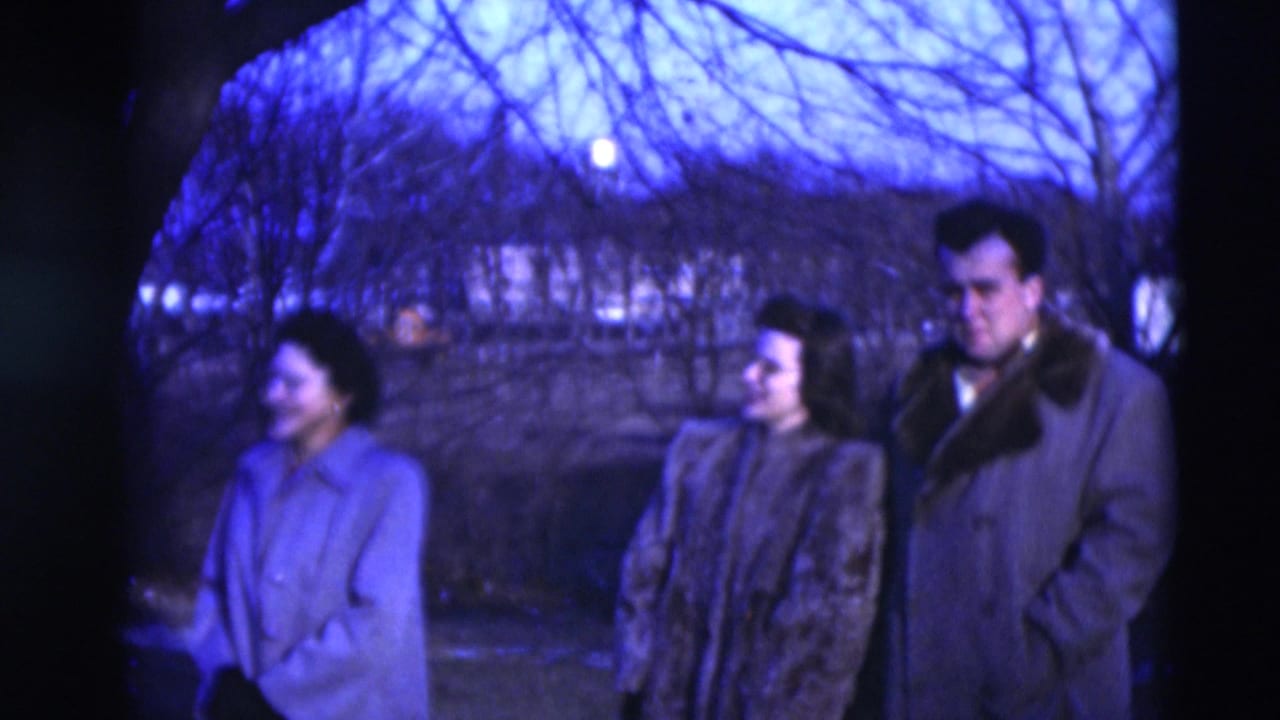 Three adults in winter coats stand outdoors under bare trees at dusk.