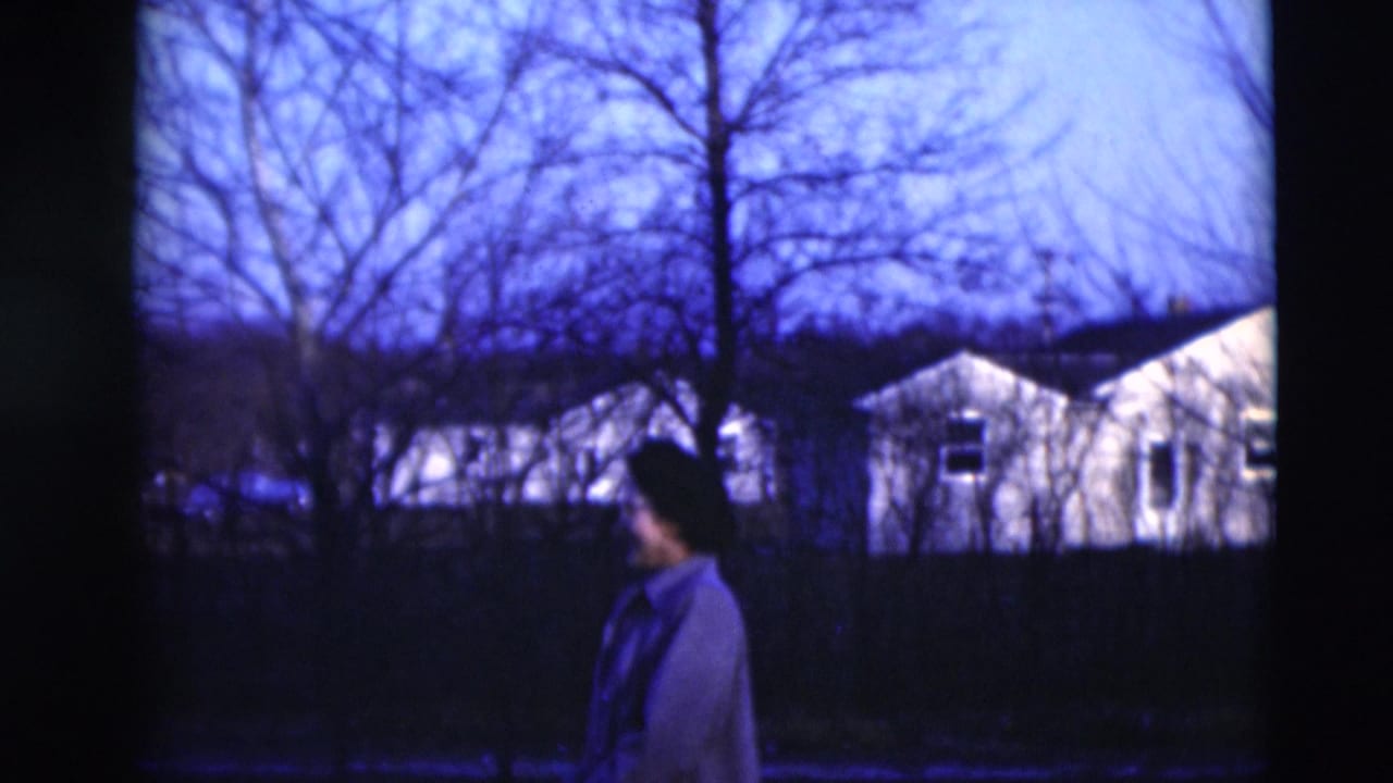 Woman in a dark coat walks past bare trees with pale houses in the background.