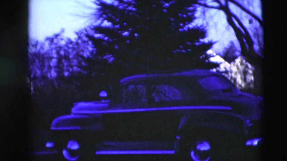 A blue-purple 8mm frame shows the car lower in the frame, trees overhead, and part of a light house at the right edge.