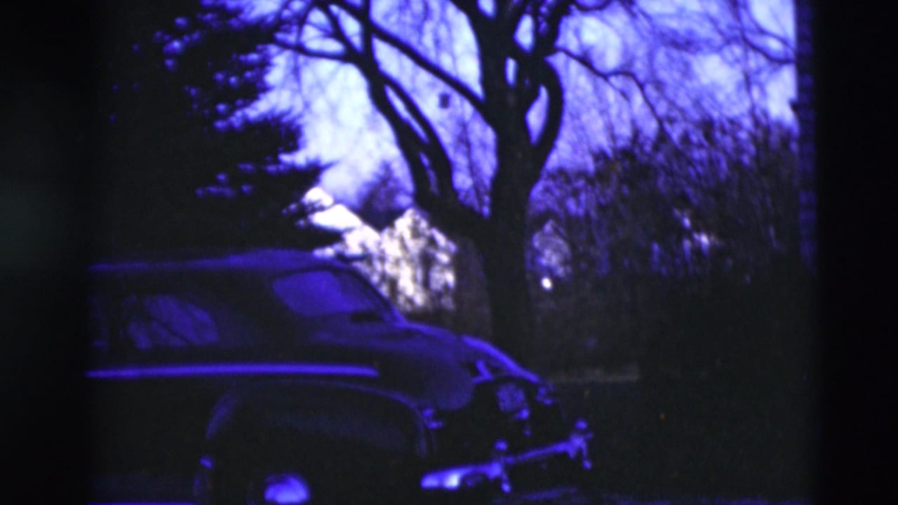 Older car partly framed by trees in a dark blue-purple outdoor scene.