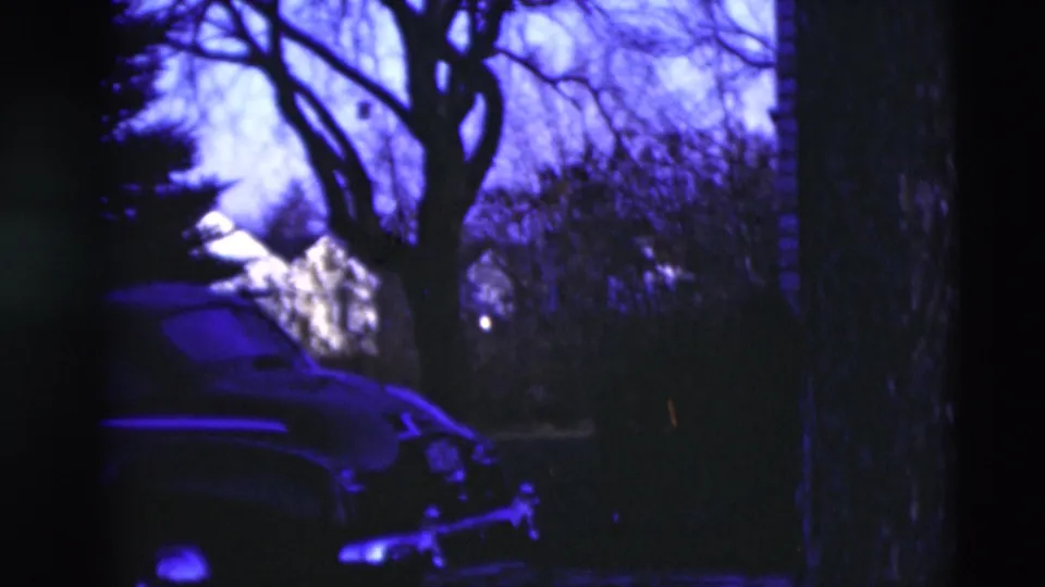 1951 home-movie still with a dark older car, bare branches, and wooded surroundings under a strong purple-blue film cast.