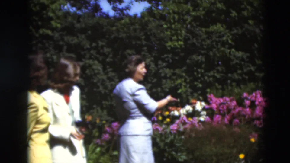 1951 Paducah garden scene with women in pale dresses and suits examining pink, purple, yellow, and white flowers.