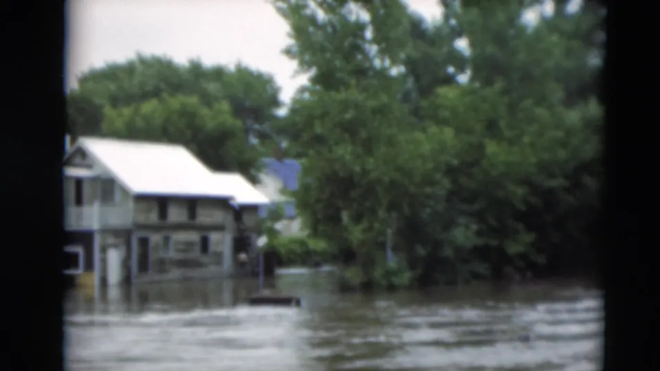 Residential flooding in Paducah, Kentucky, with water covering yards and debris drifting past homes and trees.