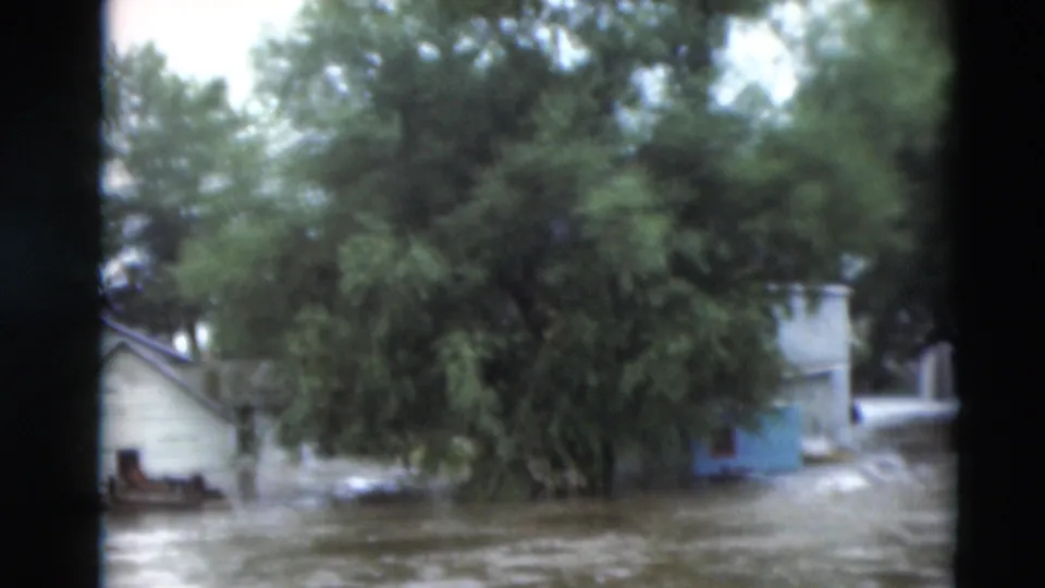 1951 Paducah flood footage shows muddy water around houses and trees, seen through soft 8mm framing.