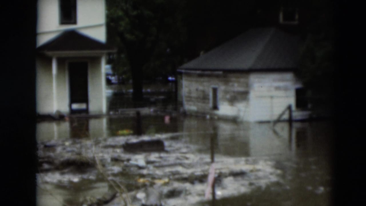 1951 Paducah flood footage shows muddy water and debris around residential buildings and trees.