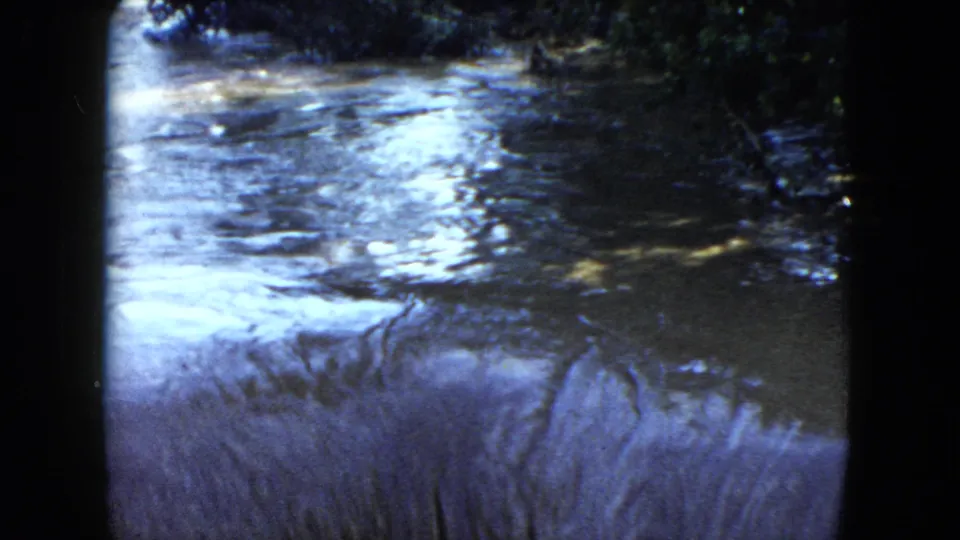 1951 Cleveland-area 8mm frame showing foamy river current, ripples, and dense green shade near a waterfall approach.