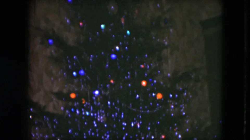 1951 Cleveland home-movie frame with dim tree branches, metallic tinsel, and red and blue lights softened by 8mm exposure.