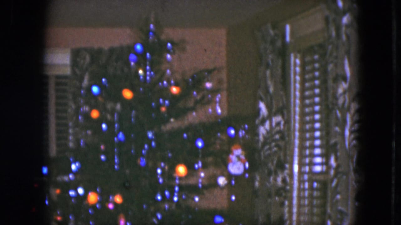 Lit Christmas tree with colored bulbs and ornaments beside window shutters.