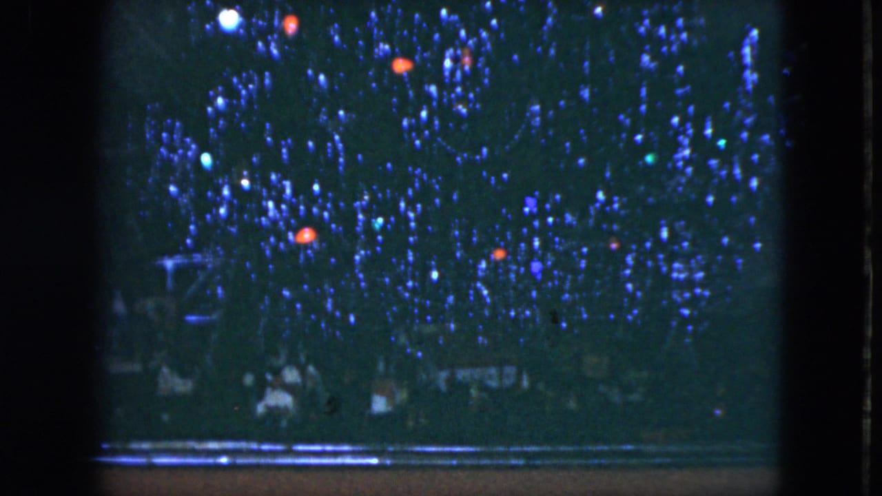 Blue Christmas lights and red ornaments on a dark tree seen through frame bars.