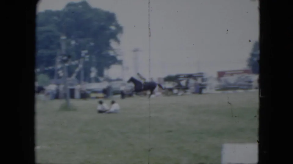 1951 Cleveland horse-show view with a dark horse and rider near jump standards, seated spectators on the grass, parked cars, and trees in the background.