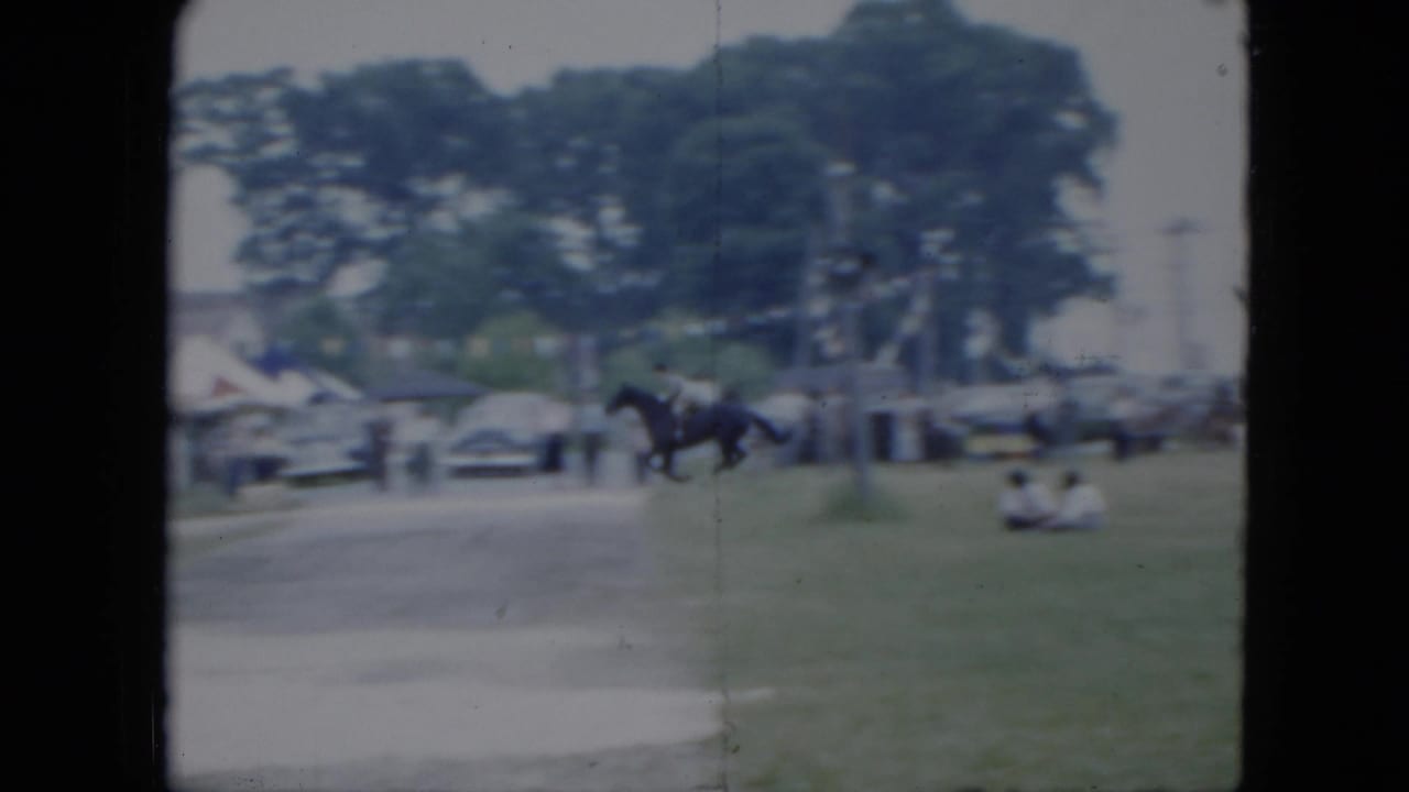 A rider on a dark horse crosses a grassy fairground with cars and trees in the background.