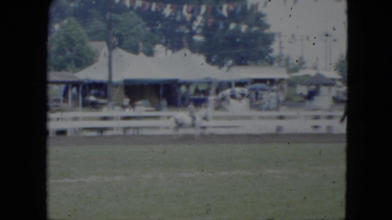 Rider on a white horse moving beside a white rail fence with spectators and tents behind.