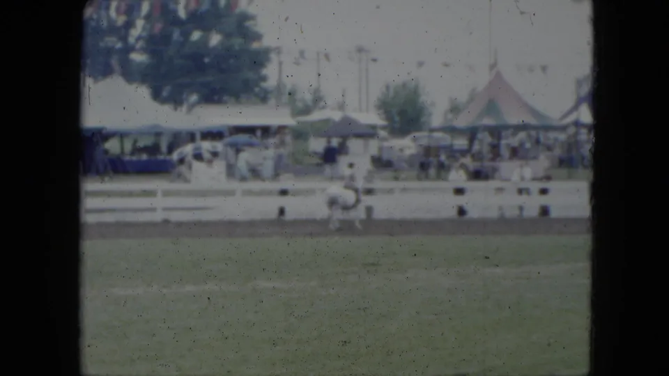 1951 Cleveland home-movie still showing a rider on a white horse passing a fenced show ring with spectators and tents behind.