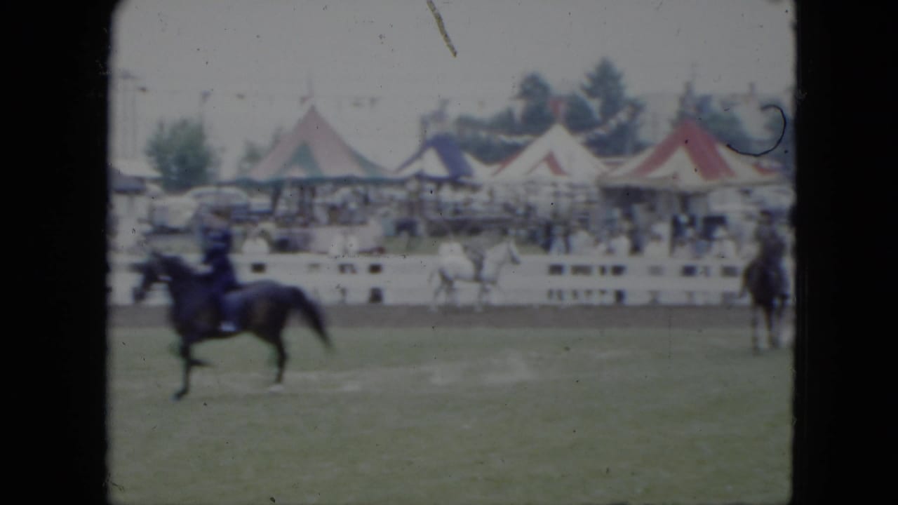 Dark horse and rider pass through the foreground as another white horse appears across the arena.