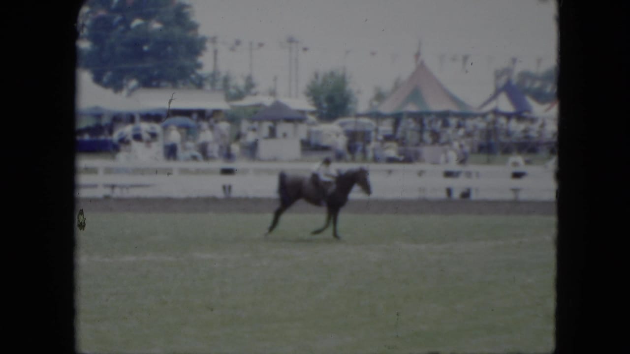 A rider on a dark horse moves across a grassy ring with tents and spectators behind a white fence.