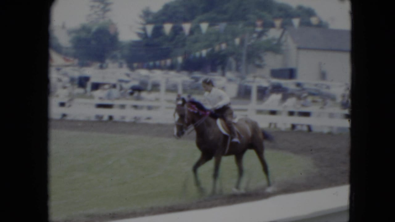 Rider on a brown horse trotting across a grassy ring beside a white fence.