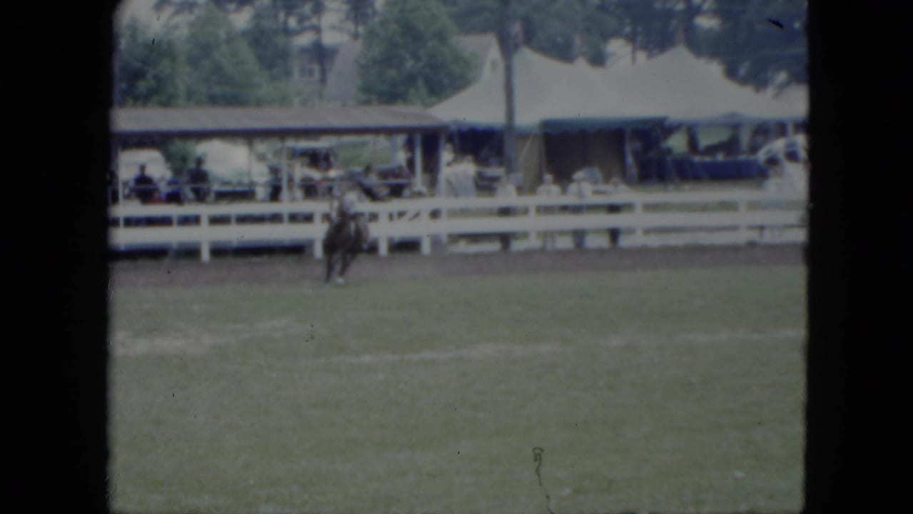 Horse and rider farther across the field with spectators behind a white fence.