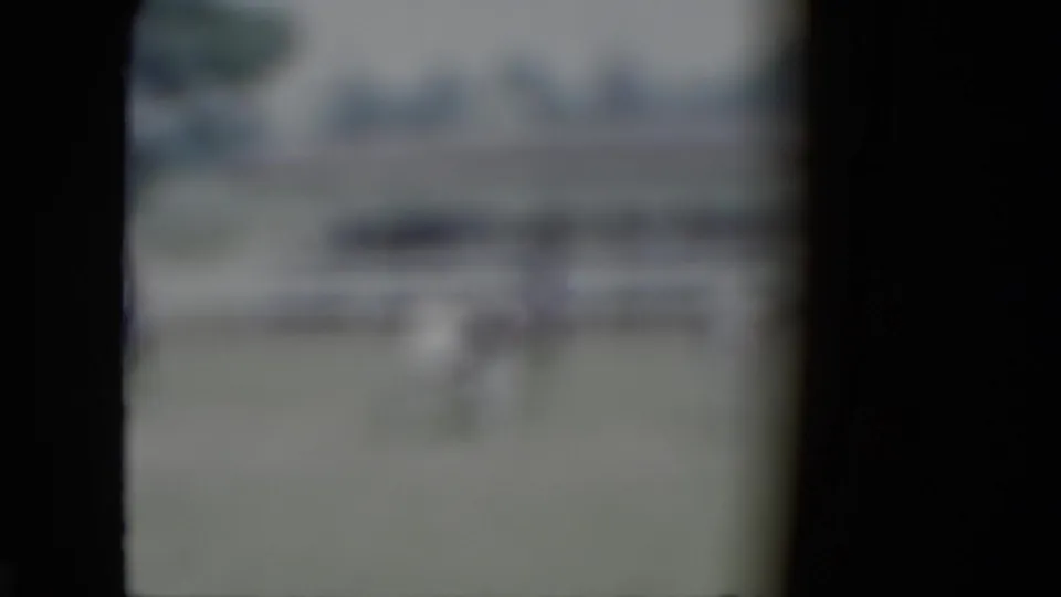 Out-of-focus 1951 home movie frame showing horse-drawn carriage activity in a grassy arena with spectators beyond the rail.