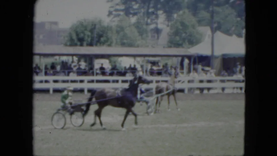 1951 Cleveland frame with a sulky driver in green passing a covered grandstand, white rail fence, and trees at a local track.