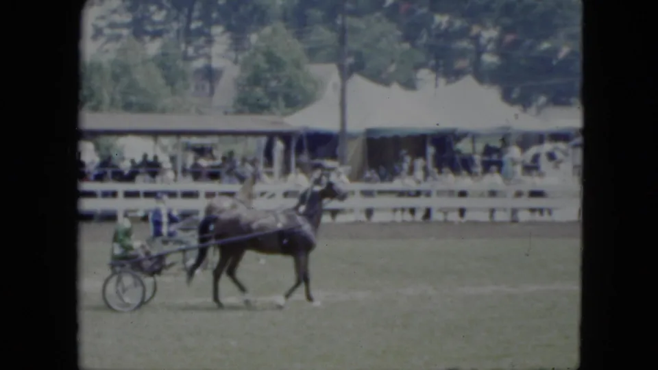 1951 Cleveland home-movie frame showing a horse-drawn sulky moving along the grass track in front of a crowded covered stand.