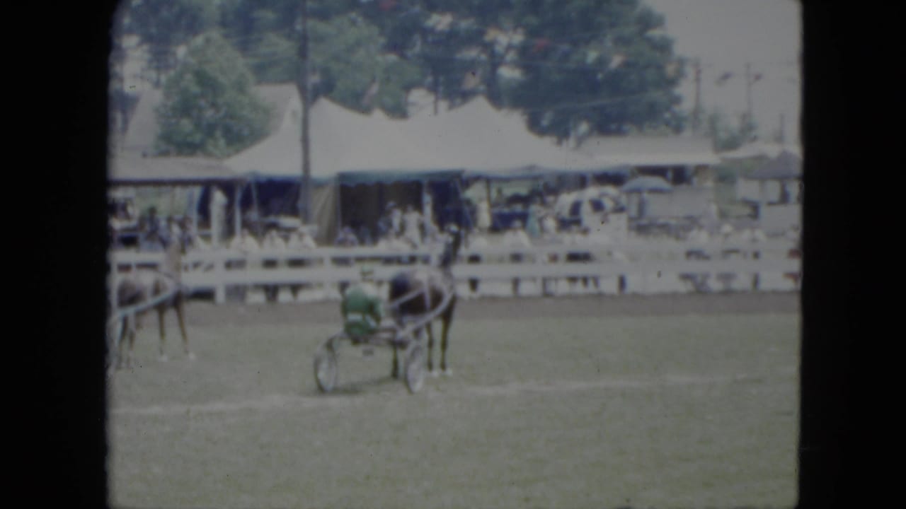 A green-clad driver in a sulky follows a harness horse at a Cleveland fairground or track in 1951.