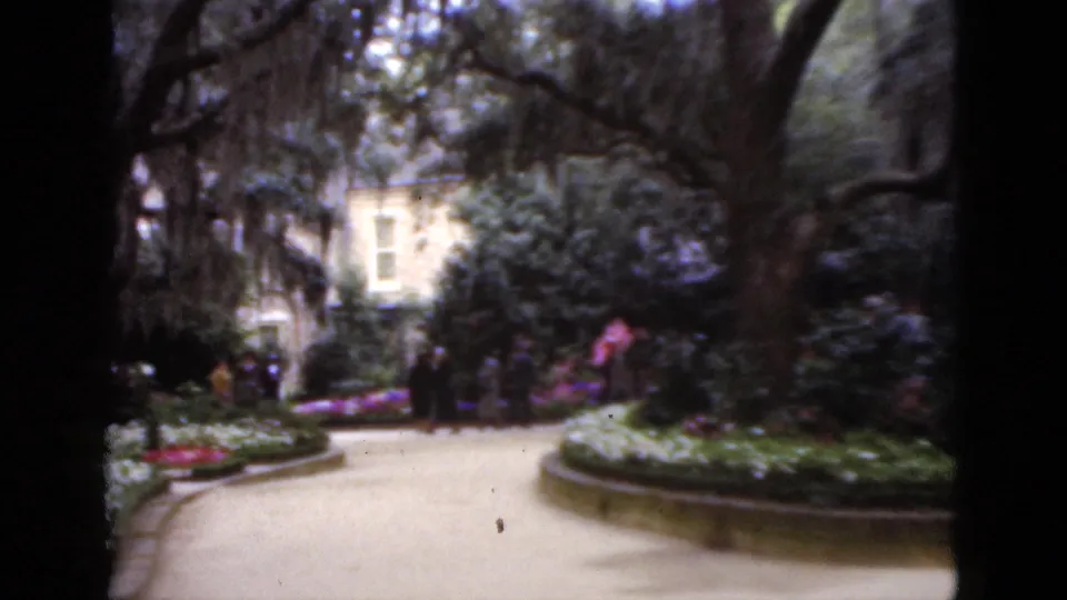 1952 Florida garden view with several visitors on a winding path, framed by flower beds, dense shrubs, mature trees, and a distant building.
