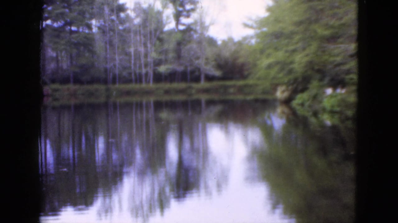 Lake and tree reflections seen through dark vertical framing.