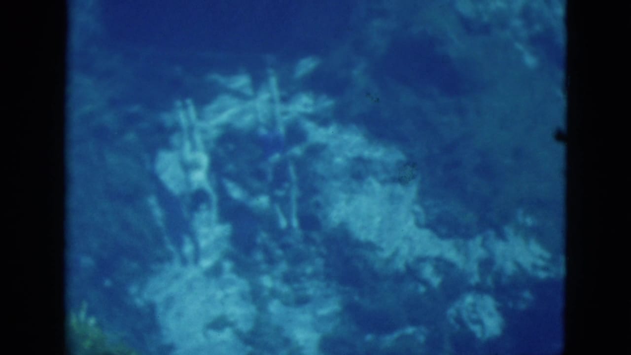 Two swimmers with fins move through blue underwater footage above a rocky or coral-like bottom.