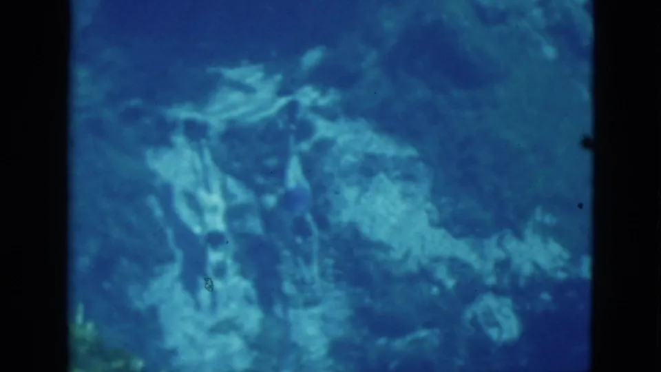 1952 Florida home-movie frame with faint swimmers and fins visible through blue underwater haze over uneven seabed textures.