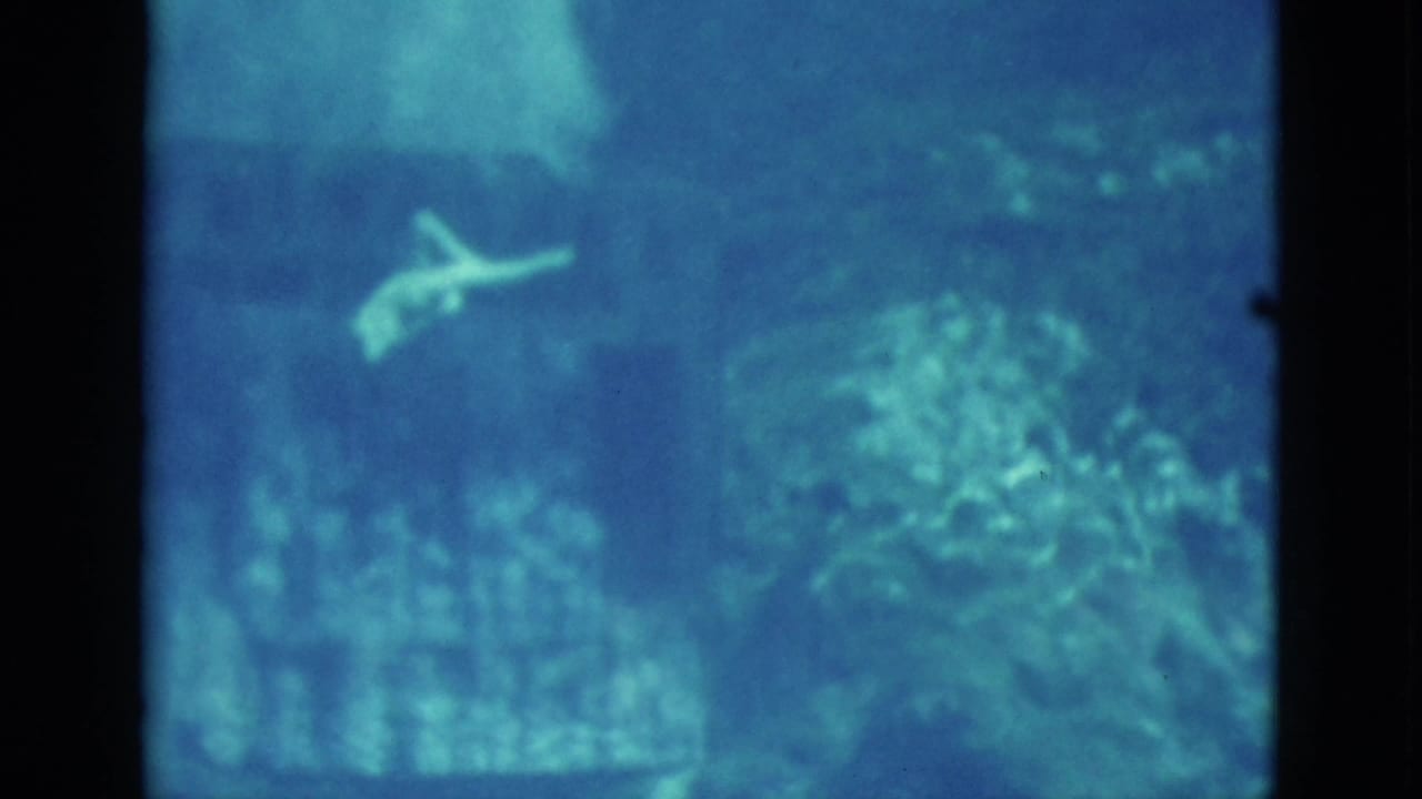 1952 Florida 8mm frame showing a person swimming underwater through blue-green water with soft grain and refraction.