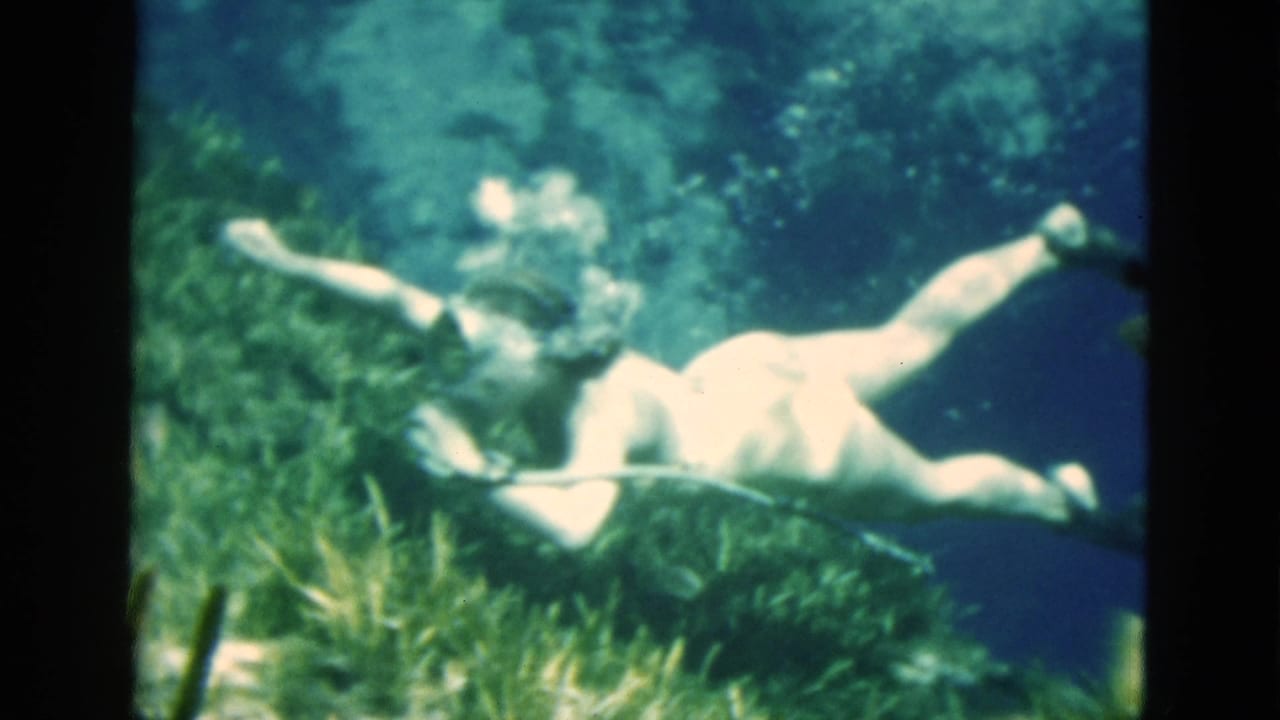 Adult swimmer underwater in 1952 Florida home-movie footage, floating near aquatic plants with an arm outstretched.