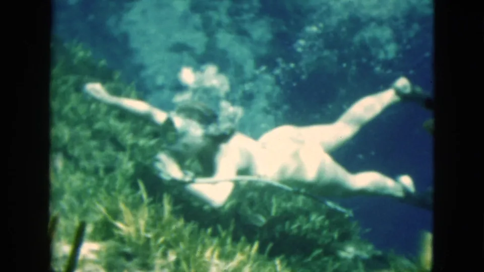 Adult swimmer underwater in 1952 Florida home-movie footage, floating near aquatic plants with an arm outstretched.
