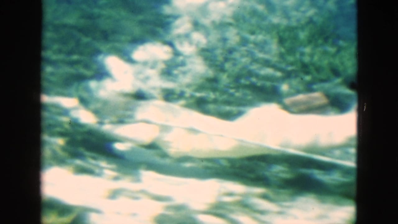 Adult swimmer appears partly washed out by underwater glare in the 1952 Florida home-movie frame, with bubbles and plants around the body.