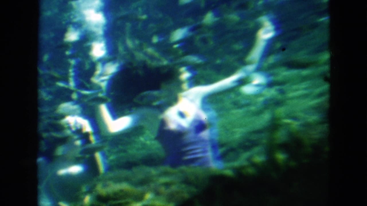 1952 Florida home-movie frame showing the swimmer from behind, arms raised near underwater plants and small fish.