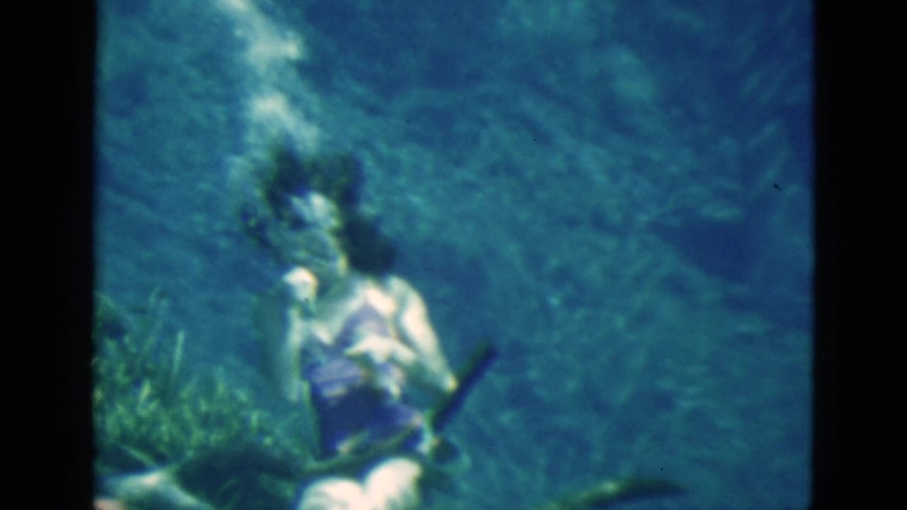 Woman underwater with bubbles near her face and plants in the foreground.