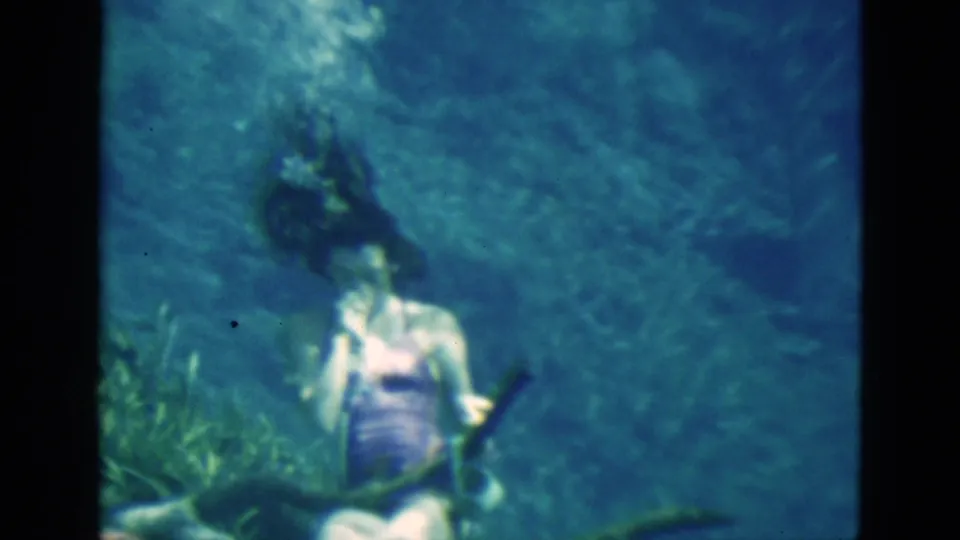 Soft 8mm frame from Florida in 1952 showing the swimmer below the surface near water plants and a dark foreground branch.