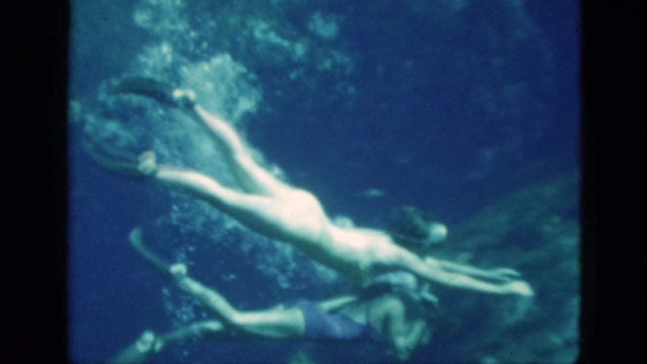 1952 Florida 8mm frame showing two women underwater in swimsuits, with one swimmer stretched forward above another swimmer below.