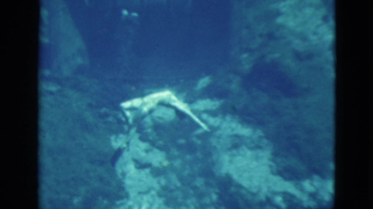 Woman swimming underwater above rocky blue-green terrain.