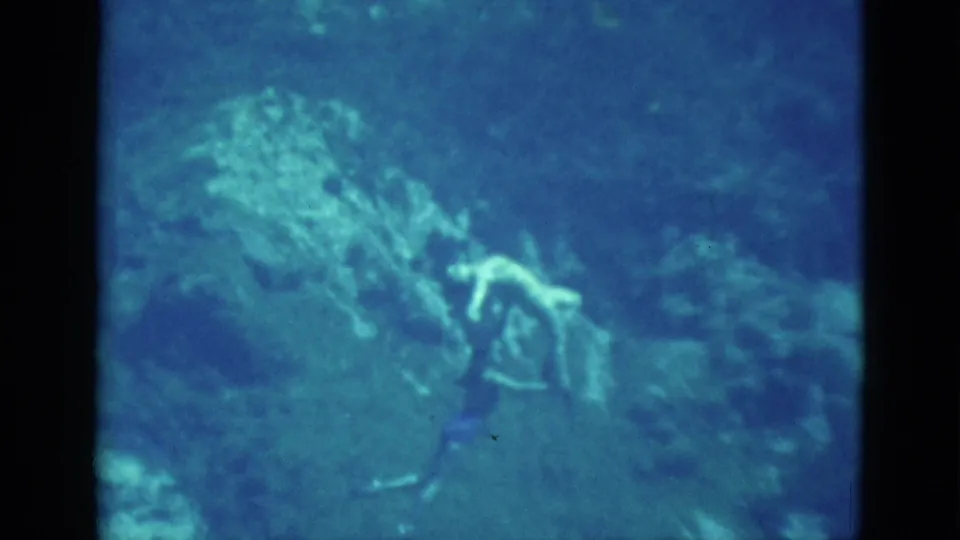 A swimmer in dark swimwear extends one arm underwater near a pale rock formation, with another figure faintly visible.