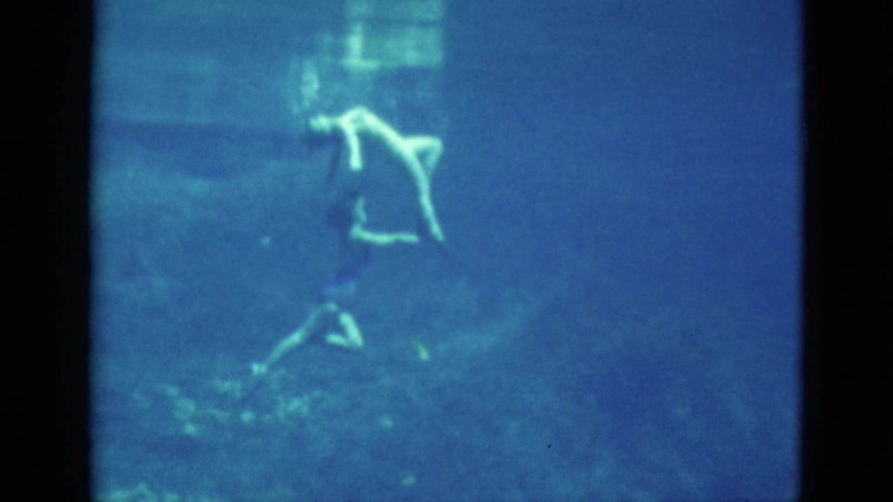 Two swimmers underwater in blue pool water with soft focus and film grain.