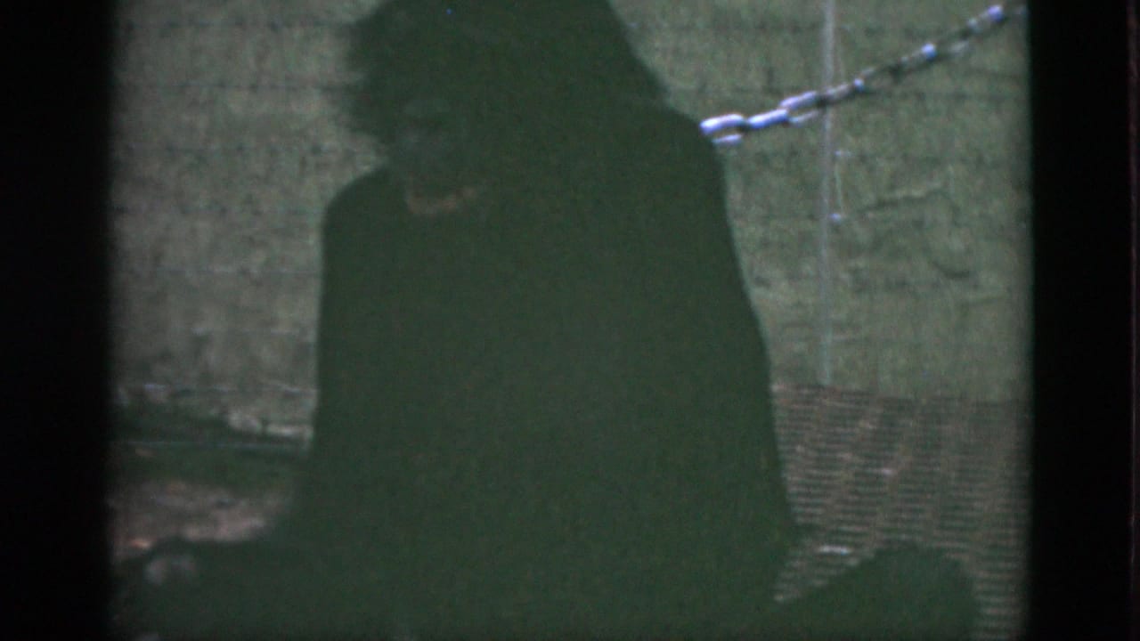1952 Quebec zoo footage showing a dark ape silhouette beside a greenish wall with a chain in the background.
