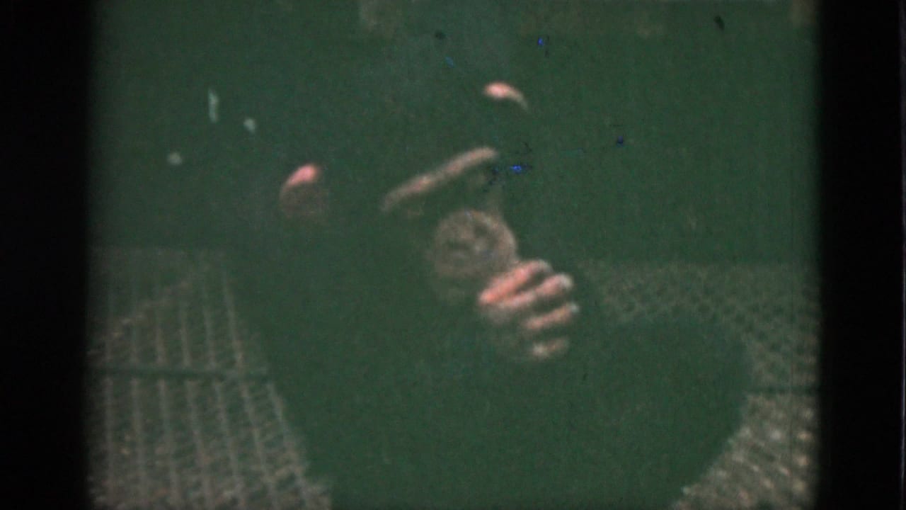 1952 Quebec home-movie frame of a chimpanzee on a grate floor, hand raised near the mouth in the enclosure.