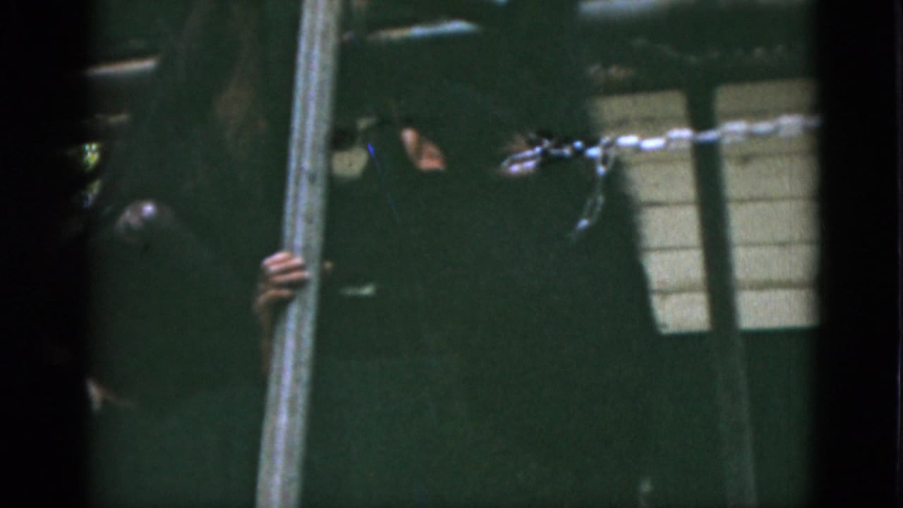 1952 Quebec 8mm frame with a monkey partly obscured in a dark enclosure beside a vertical pole and barrier line.