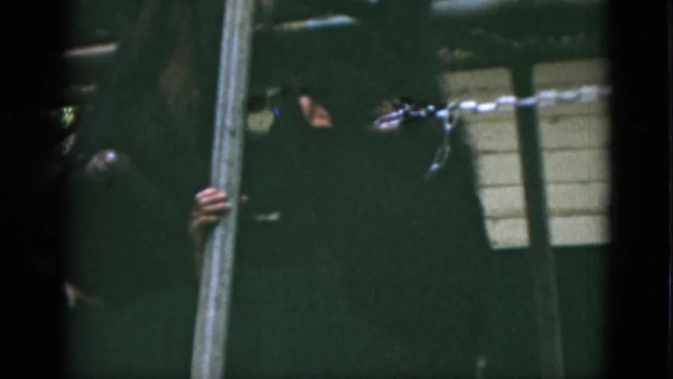 1952 Quebec 8mm frame with a monkey partly obscured in a dark enclosure beside a vertical pole and barrier line.