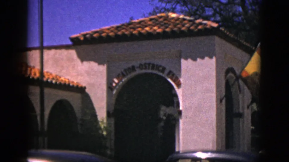 1952 Quebec home-movie frame showing a white stucco Alligator-Ostrich Farm entrance with an arched opening and terracotta roof.