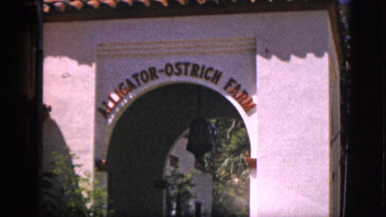 Closer view of the arched Alligator-Ostrich Farm gateway with a hanging bell inside.