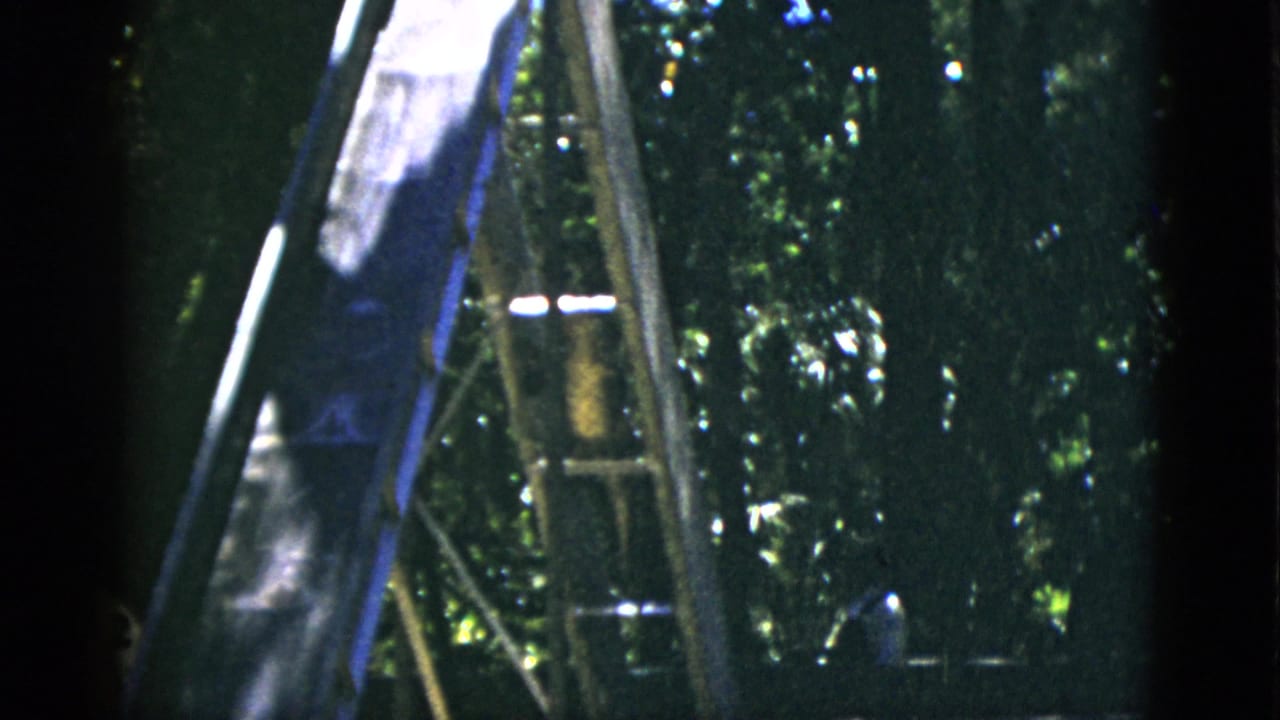 Playground slide structure from a low angle; bright diagonal slide surface prominent; dense trees in background; dark form visible mid-structure; 8mm grain throughout.