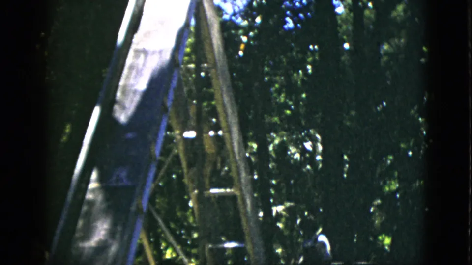 8mm home movie frame circa 1952 — metal playground slide and ladder outdoors; dark form at ladder base; deciduous foliage with dappled light; mid-century amateur film grain.